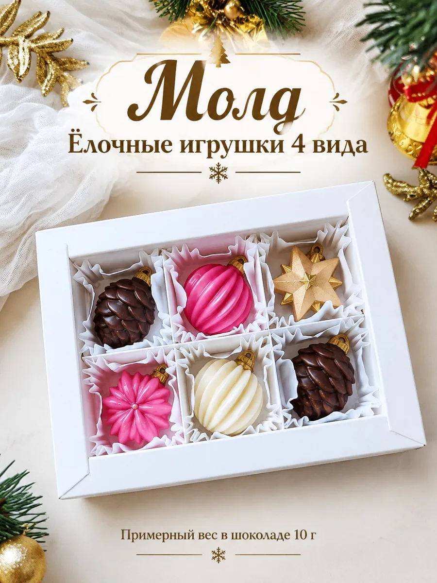 Силиконовый молд для шоколада "Ёлочные игрушки 4 вида"